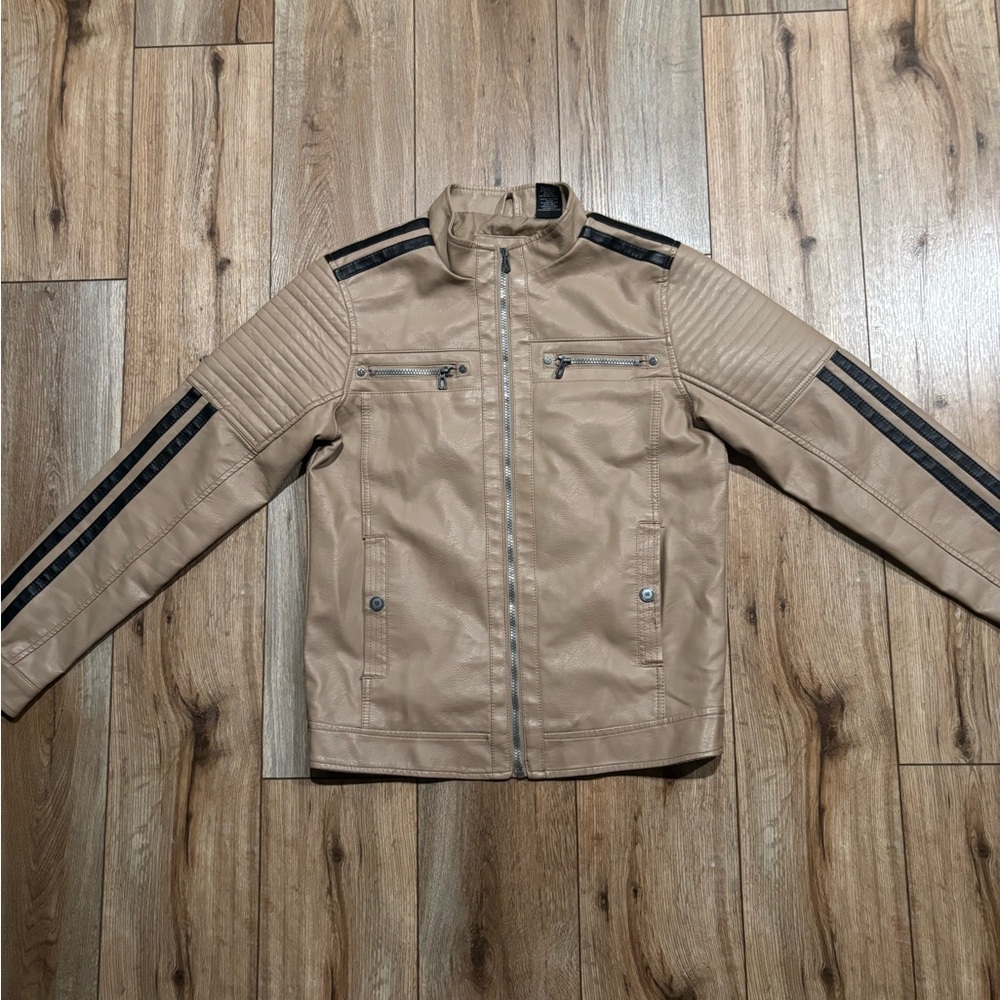 Vintage Y2K Leather Moto Stripe Beige Black Leather Jacket by Distortion